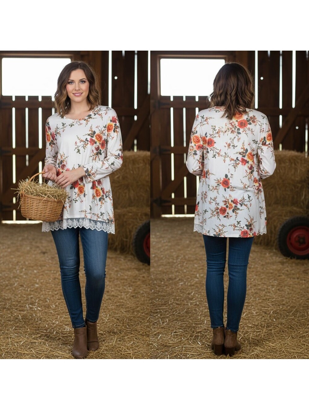 1943 - Wekili XL Floral Long Sleeve Top with Lace Trim